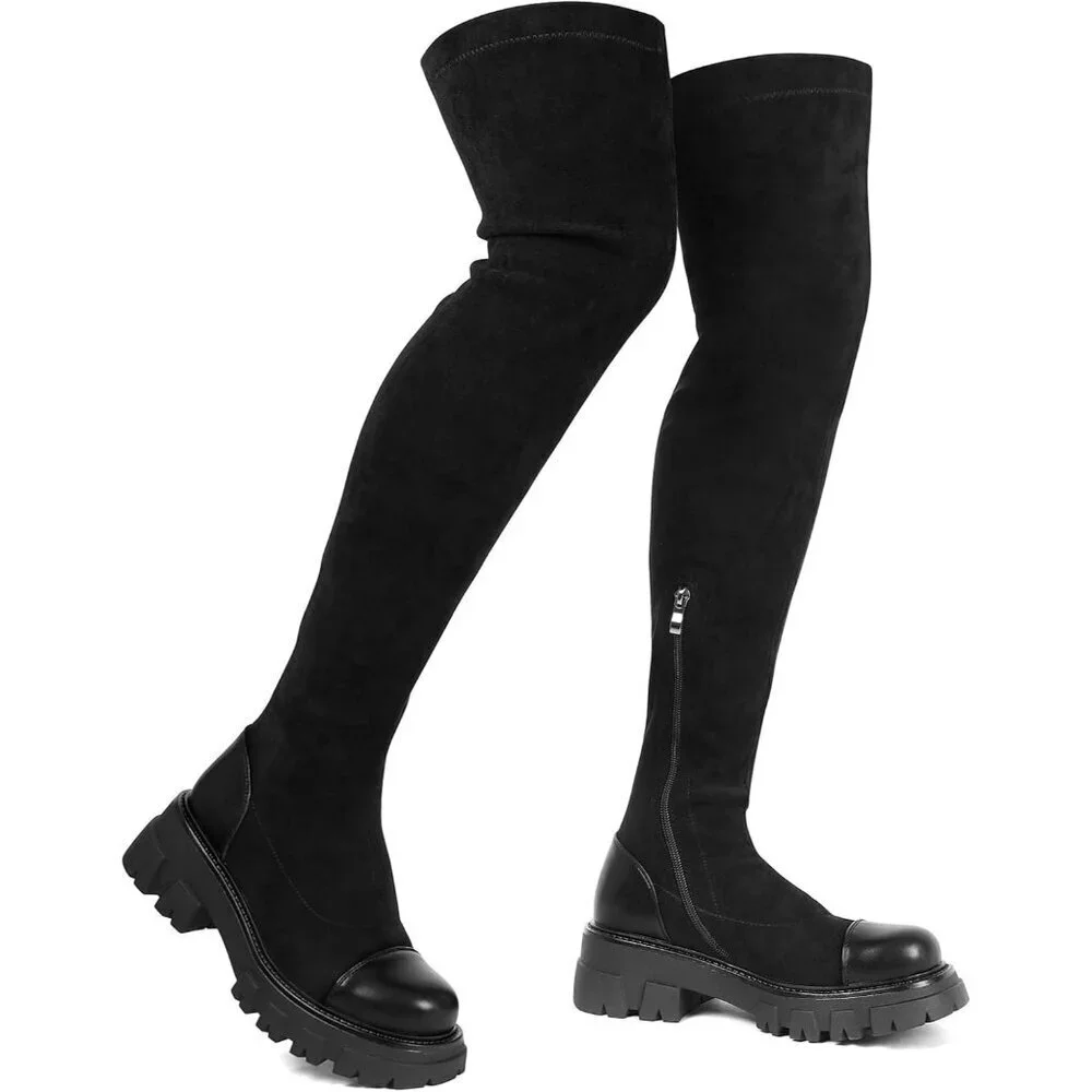 Women Black Over The Knee Boots Lug Sole Tall Boot Side Zipper Long Dress Boot